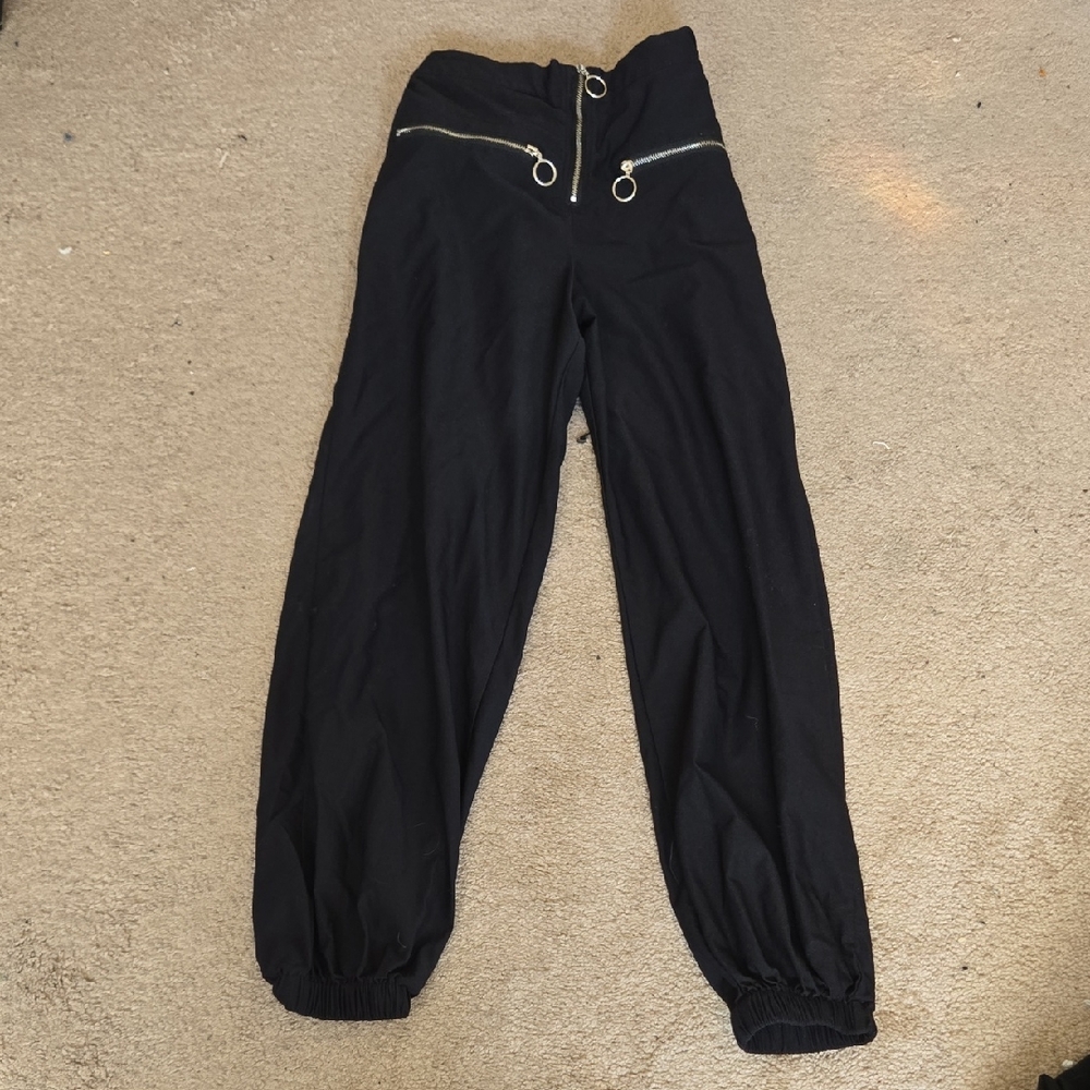 Black High-Waisted Pants with Silver Zipper Detail